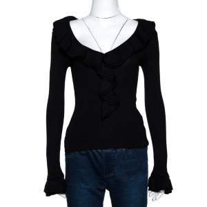 Pre Owned Ralph Lauren Black Ruffled Silk Knit Fitted Top M