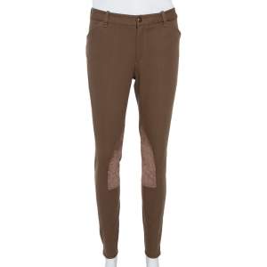 Pre Owned Ralph Lauren Brown Stretch Cotton Leather Patch Trousers M