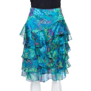 Ralph Lauren Blue Printed Silk Ruffle Detail Mini Skirt S