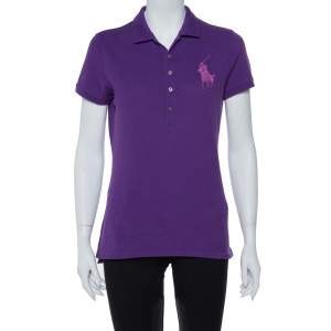مملوكة مسبقًا Ralph Lauren Purple Stone Embellished Logo Detail Polo T-Shirt L
