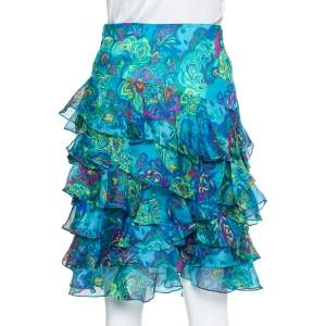 Ralph Lauren Blue Printed Silk Ruffle Detail Short Skirt M
