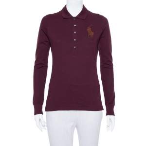 Pre Owned Ralph Lauren Burgundy Pique Knit Long Sleeve Polo T Shirt M