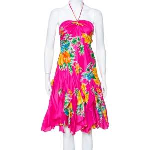 Ralph Lauren Magenta Tropical printed Silk Halter Neck Mini Dress S