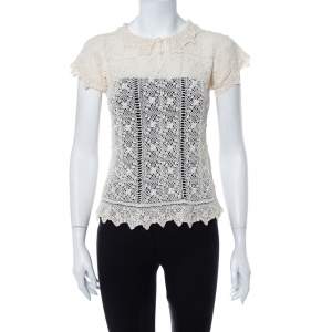 Pre Owned Ralph Lauren Cream Crochet Hand Knit Sheer Top M