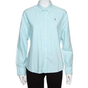 Pre Owned Ralph Lauren Blue Striped Cotton Button Front Slim Fit Shirt L