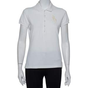 Pre Owned Ralph Lauren White Cotton Beaded Logo Embellished Polo T- Shirt M