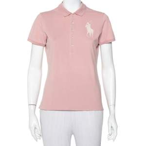 Ralph Lauren Blush Pink Cotton Beaded Logo Embellished Polo T- Shirt L