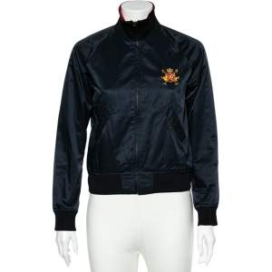مملوكة مسبقًا Ralph Lauren Navy Blue Logo Embroidered Synthetic Cropped Bomber Jacket S