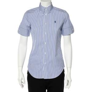 Pre Owned Ralph Lauren White & Blue Striped Cotton Super Slim Fit Shirt M