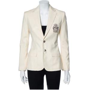 مملوكة مسبقًا Ralph Lauren Cream Wool Crest Embroidered Button Front Blazer S
