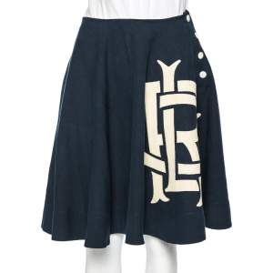 Ralph Lauren Navy Blue Linen Logoed Side Button Flared Skirt S