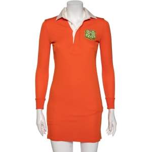 Pre Owned فستان بولو رالف لورين جيرسيه برتقالي بالشعار أكمام طويلة مقاس صغير جدًا - إكس سمول