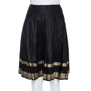 Ralph Lauren Black & Gold Striped Linen Pleated Kristine Skirt M