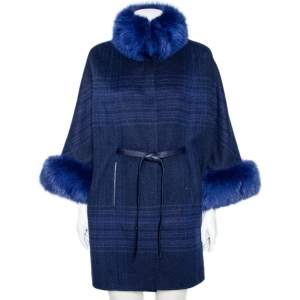 Pre Owned Loro Piana Blue Cashmere & Fur Trimmed Belted Cape Coat S