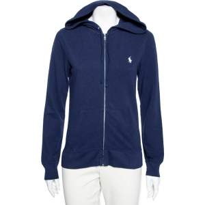 Pre Owned Ralph Lauren Navy Blue Cotton Pique Zip Front Hoodie M