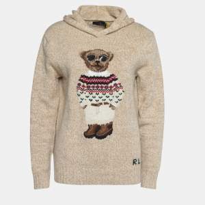 Pre Owned Polo Ralph Lauren Beige Wool Knit Teddy Bear Hoodie XS