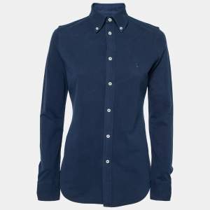Pre Owned Ralph Lauren Navy Blue Knit Oxford Long Sleeve Polo Shirt S