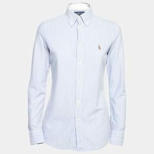 مملوكة مسبقًا Ralph Lauren Blue Striped Knit Oxford Button Front Polo Shirt M