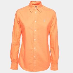 قميص رالف لورين قطن برتقالي نيون بأزرار أمامية مقاس صغير - سمول