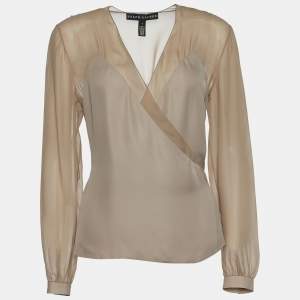 Pre Owned Ralph Lauren Beige Silk Sheer Yoke Wrap Top M