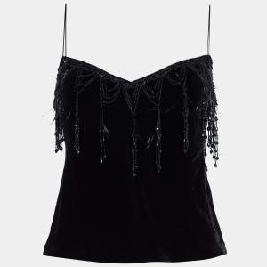 Ralph Lauren Black Velvet Feather & Bead Embellished Sleeveless Top S