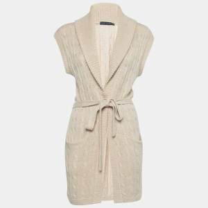 Pre Owned Ralph Lauren Light Beige Linen & Alpaca Cable Knit Sleeveless Open Front Cardigan XS