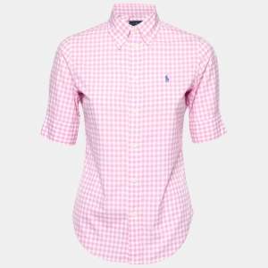 Pre Owned Ralph Lauren Pink and White Checkered Button Front Short Sleeve Shirt XS