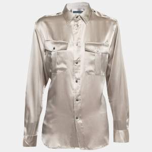 Pre Owned Ralph Lauren Light Brown Silk Satin Pocketed Button Front Shirt M