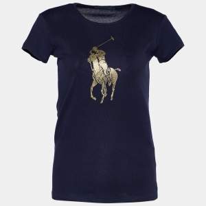 Pre Owned Ralph Lauren Navy Blue Logo Printed Cotton Knit T-Shirt M