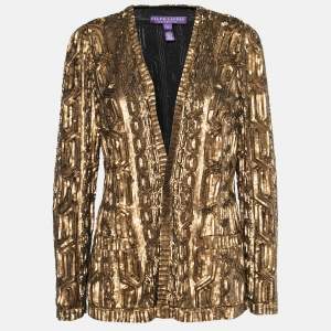 Ralph Lauren Gold Patterned Sequin Embellished Open Front Jacket M