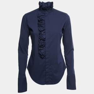 Ralph Lauren Navy Blue Cotton Ruffled Shirt M