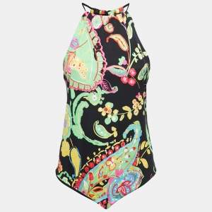 Pre Owned Ralph Lauren Black Floral Printed Knit Halterneck Top M