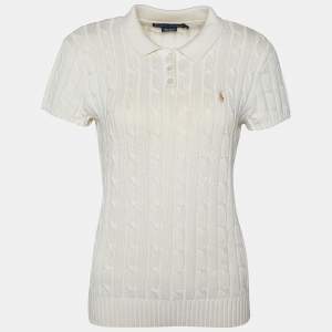 Ralph Lauren Cream Cotton Cable Knit Polo T-Shirt L