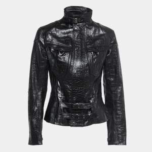 Ralph Lauren Black Croc Embossed Leather Zip Front Jacket M