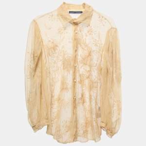 Pre Owned Ralph Lauren Cream Embroidered Lace Button Front Sheer Shirt M