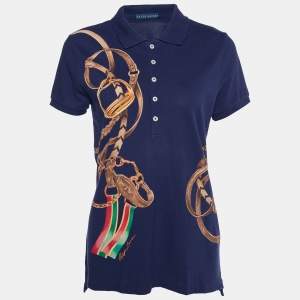 Pre Owned Ralph Lauren Navy Blue Belt Chain Printed Cotton Pique Knit Polo T-Shirt L
