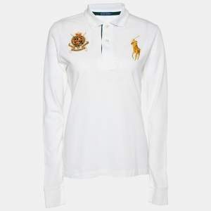 Pre Owned Ralph Lauren White Embroidered Cotton Knit Long Sleeve Polo T-Shirt L
