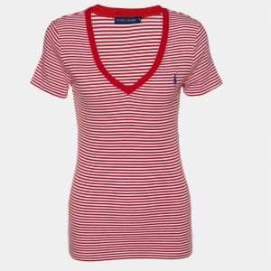 Pre Owned Ralph Lauren Red & White Striped Logo Embroidered V- Neck T-Shirt M