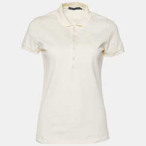 Pre Owned Ralph Lauren Cream Cotton Pique Beaded Logo Detail Polo T-Shirt M