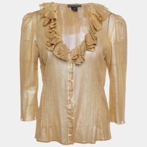Pre Owned Ralph Lauren Gold Coated Mesh Ruffled Button Front Sheer Shirt L