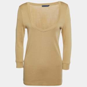 Pre Owned Ralph Lauren Light Brown Cotton Knit Wide V-Neck T-Shirt L