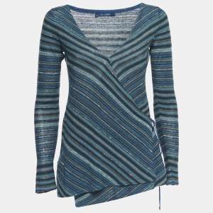 Pre Owned Ralph Lauren Blue Striped Linen Blend Knit Long Sleeve Wrap Top XS