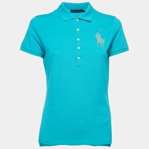 Ralph Lauren Teal Blue Cotton Glitter Logo Polo T-Shirt L