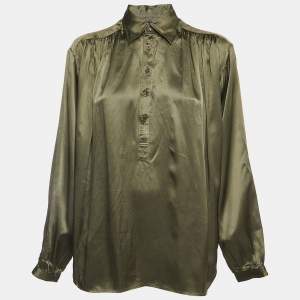 Pre Owned Ralph Lauren Olive Green Silk Long Sleeve Blouse L