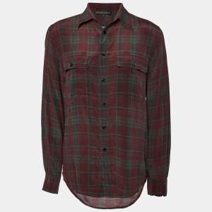 Pre Owned Ralph Lauren Burgundy Plaided Silk Button Front Shirt M