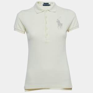 Pre Owned Ralph Lauren Cream Cotton Logo Patch Skinny Polo T-Shirt S