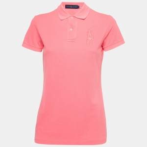 Pre Owned Ralph Lauren Fluo Pink Logo Embroidered Cotton Polo T-Shirt S