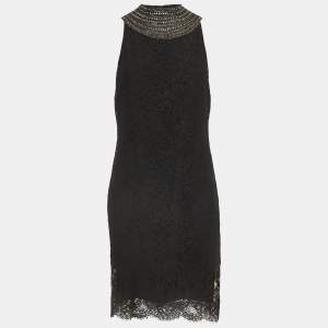 Ralph Lauren Black Floral Motif Lace Crystal Embellished A-Line Dress L