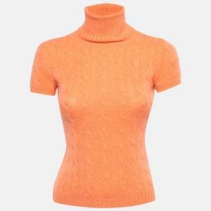 Pre Owned Ralph Lauren Orange Cashmere Cable Knit Short Sleeve Slim Fit Top S