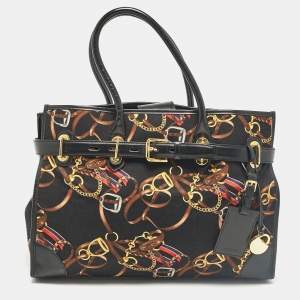 Ralph Lauren Black/Multicolor Equestrian Print Canvas Belt Shopper Tote